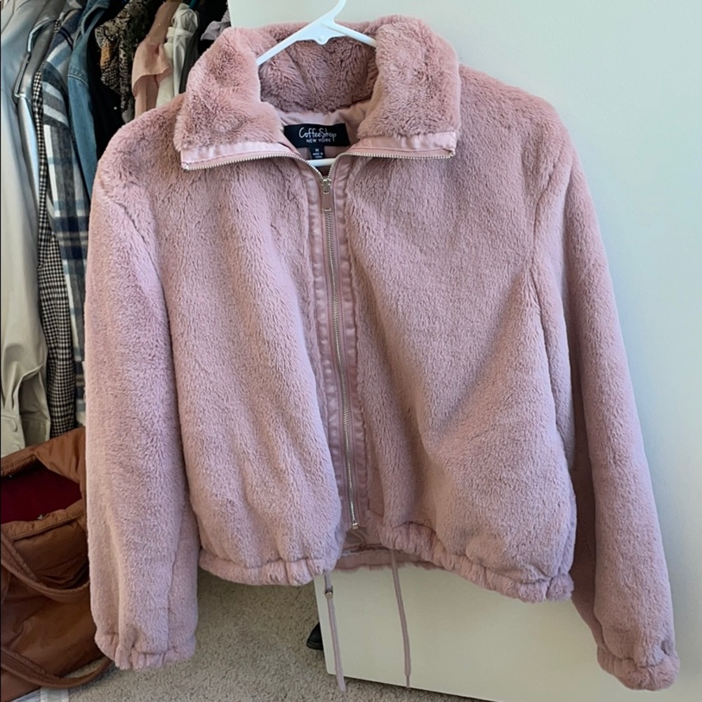 Pink zip up faux fur jacket
